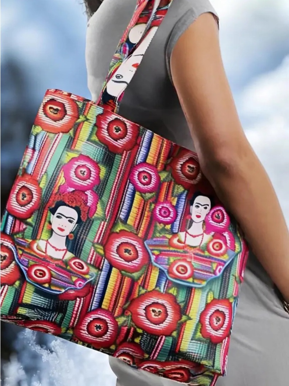 Frida Kahlo Floral Pattern Canvas Tote Bag - Multicolor
